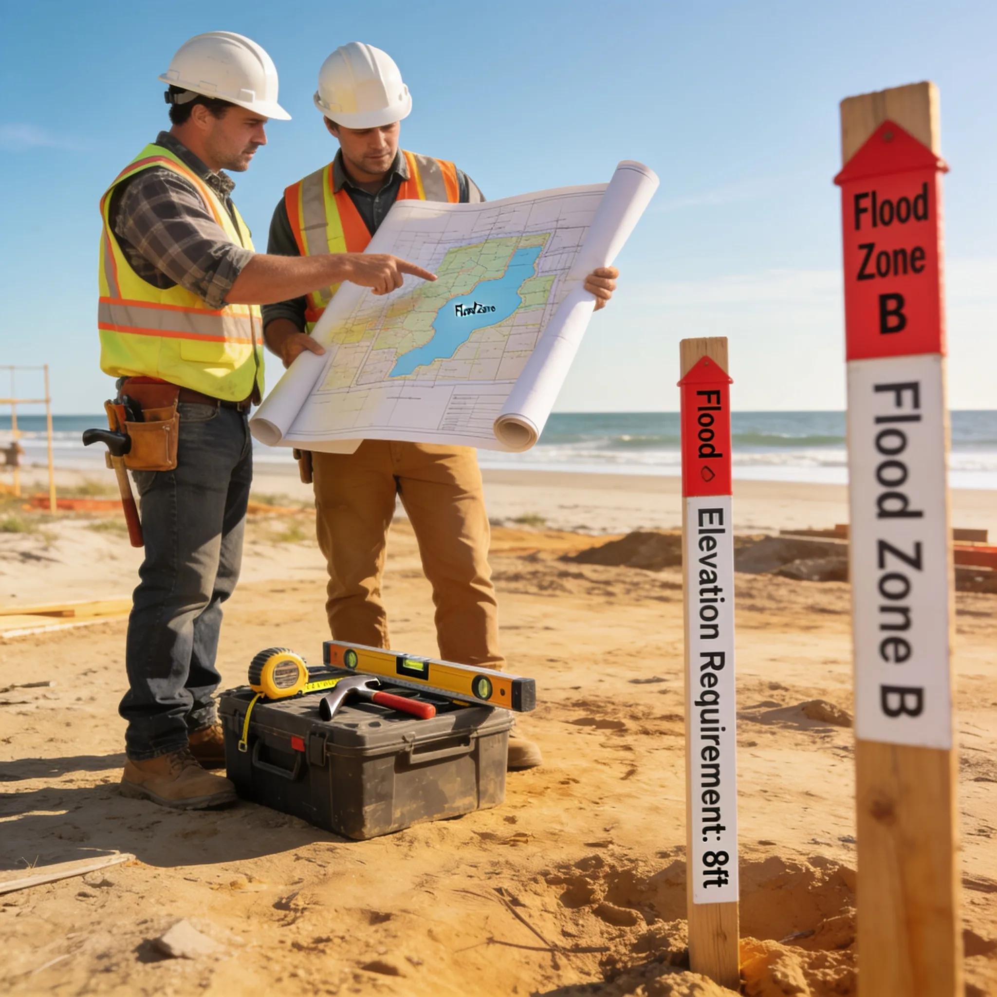 Construction team reviewing flood zone regulations under sunny skies