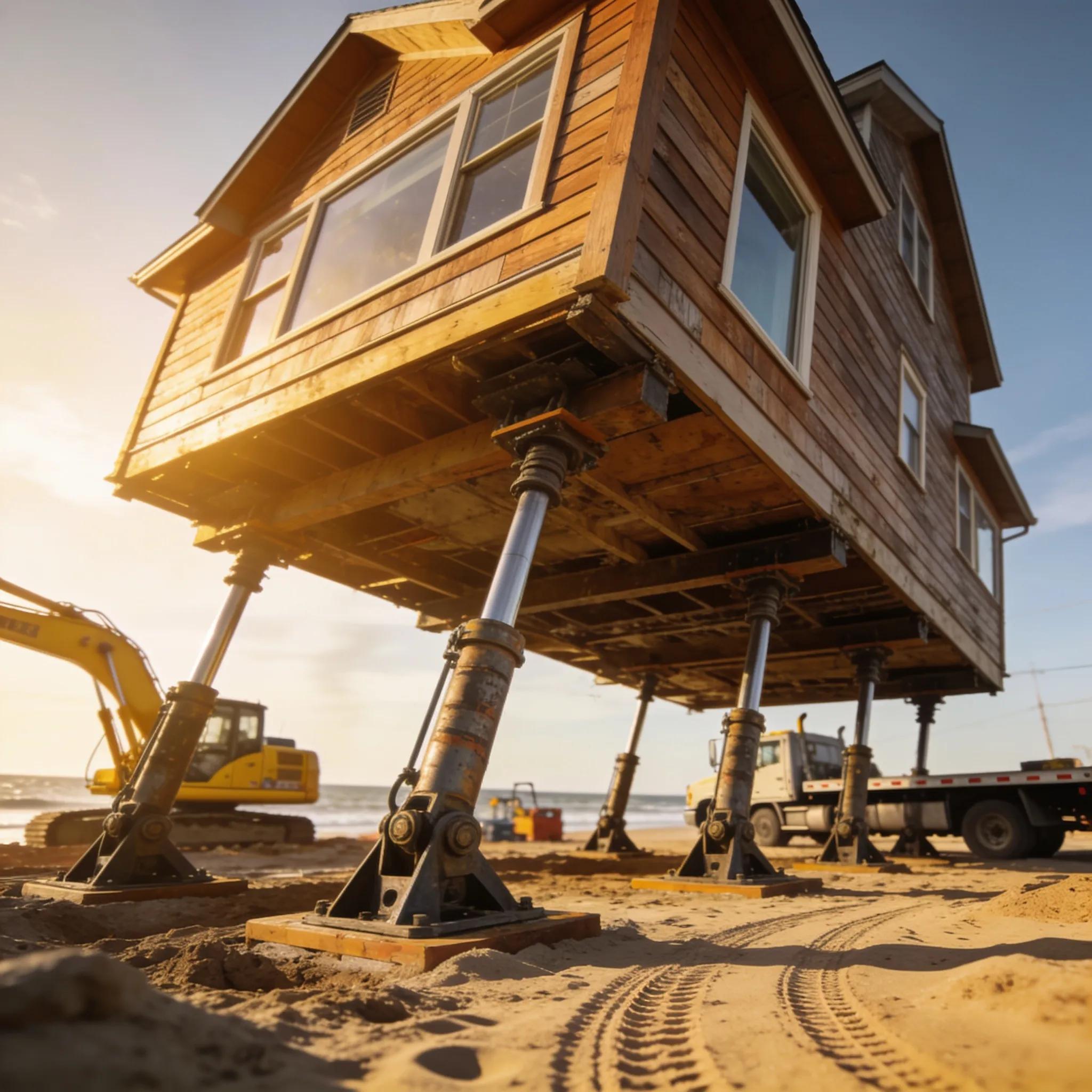 Hydraulic jacking system lifting a coastal home during elevation