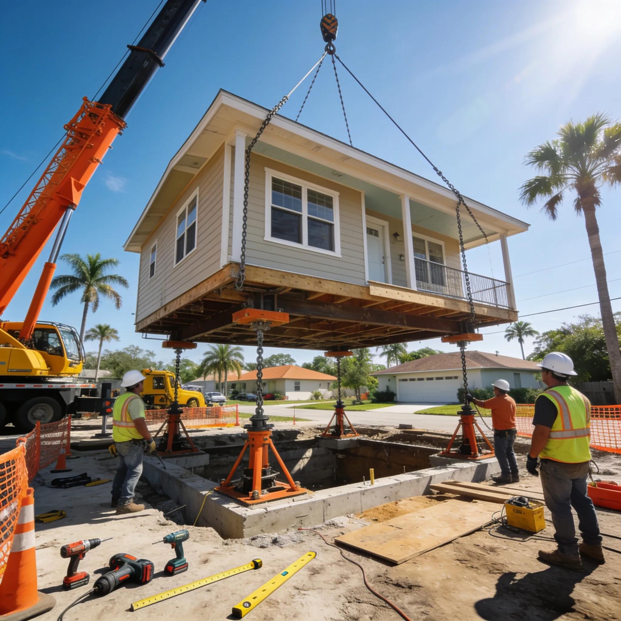Workers using a crane to elevate a house, showcasing home elevation techniques in Florida.