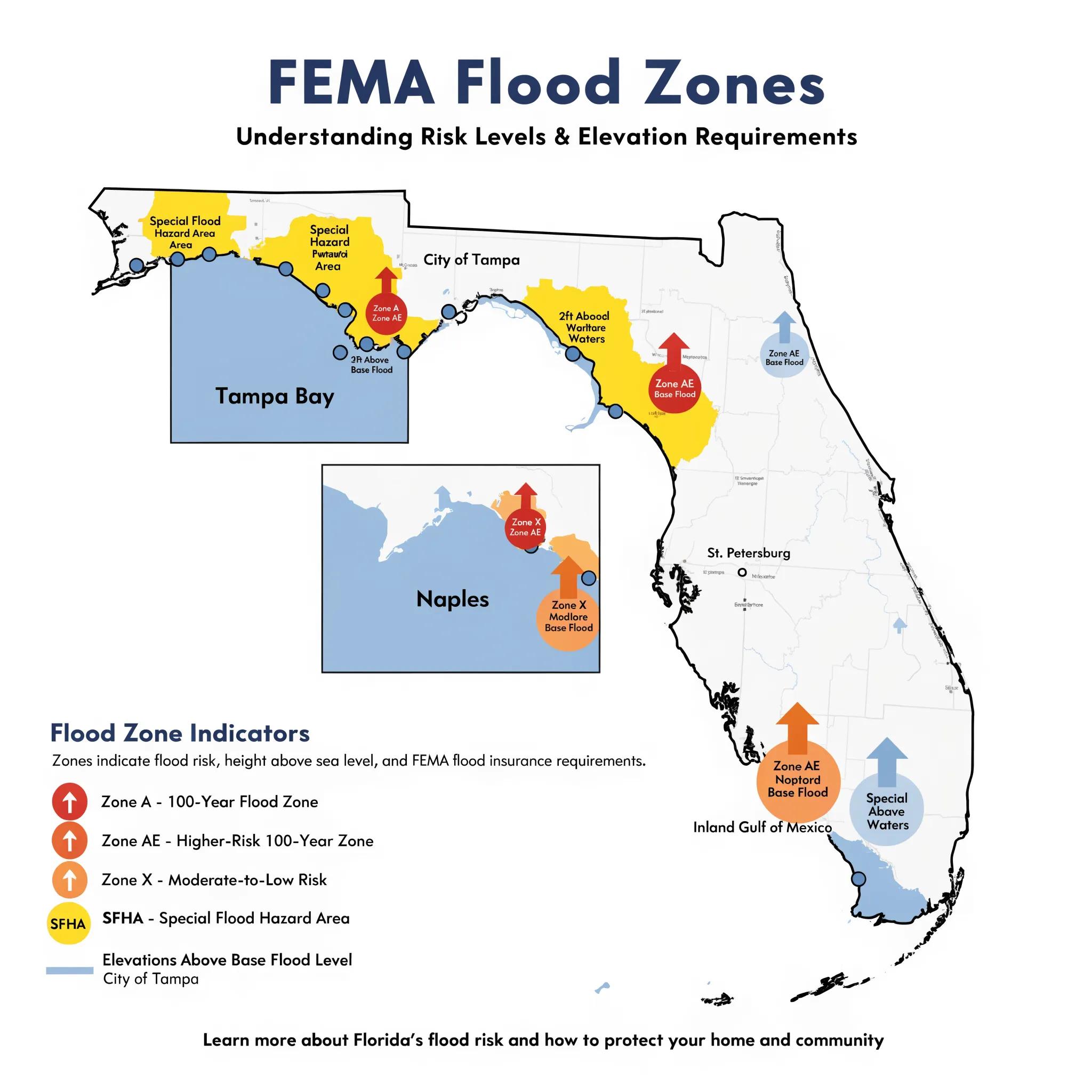 Map of Florida showing flood zones around Tampa Bay and Naples, indicating elevation requirements.