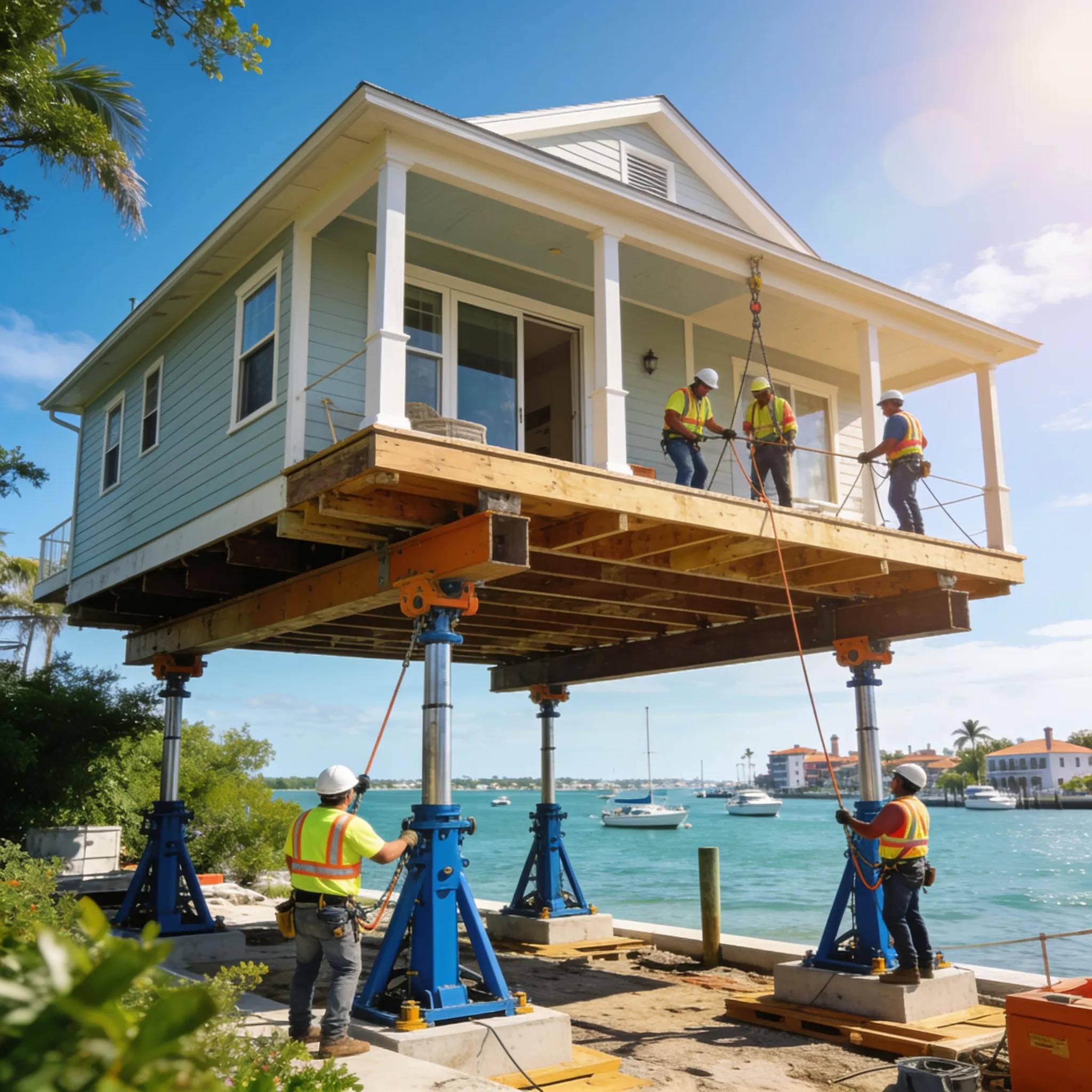 House lifting process demonstrating effective flood resilience techniques on Venice Island
