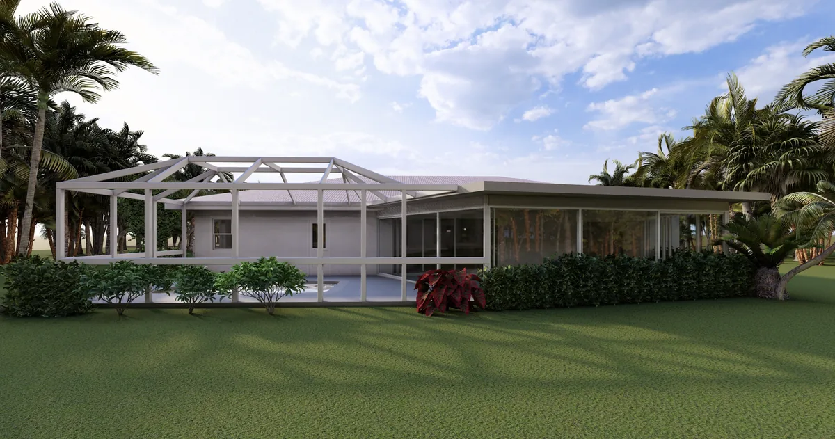 Original home at ground level showing pool cage and entertainment area
