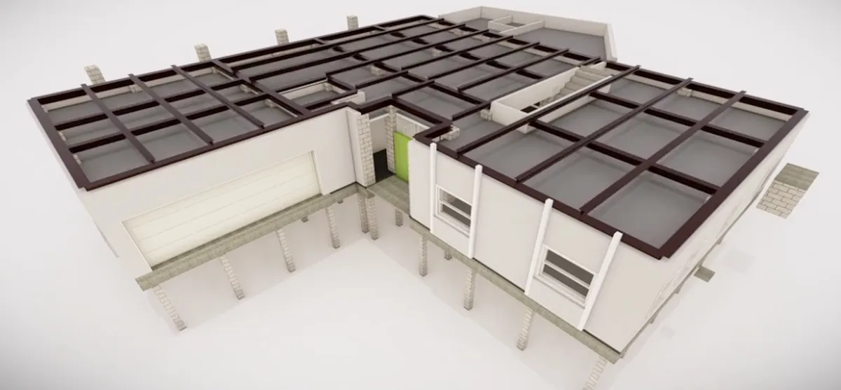 3D rendering of new lower-level walls with steel framing supporting the original foundation, elevated 17 ft on pilings