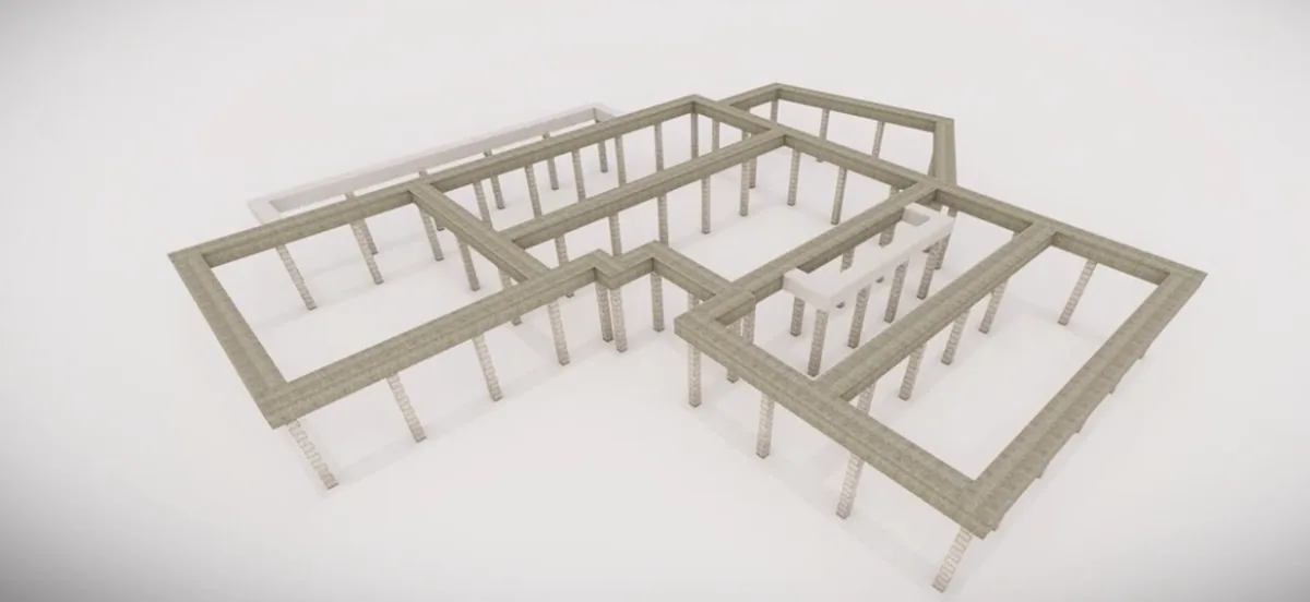 3D rendering of elevated foundation column and beam framework before walls
